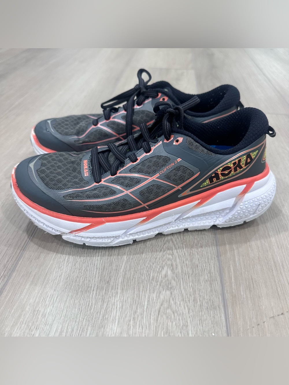 HOKA one one Clifton 2 running sneakers women’s size 6.5 grey black coral